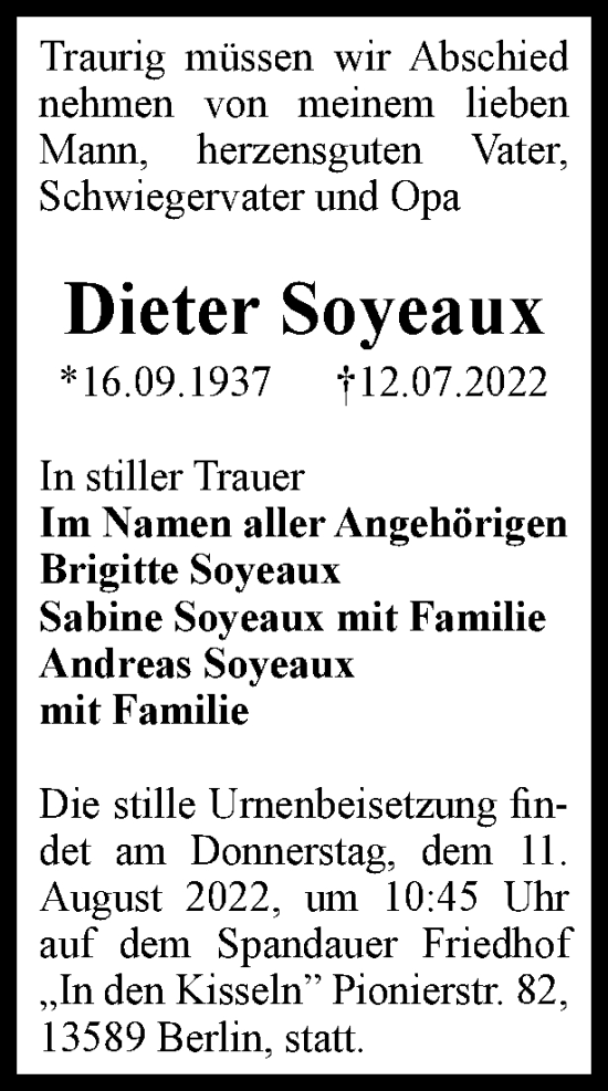 Traueranzeige von Dieter Soyeaux von Berliner Woche / Spandauer Volksblatt