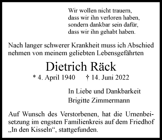 Traueranzeige von Dietrich Räck von Berliner Woche / Spandauer Volksblatt