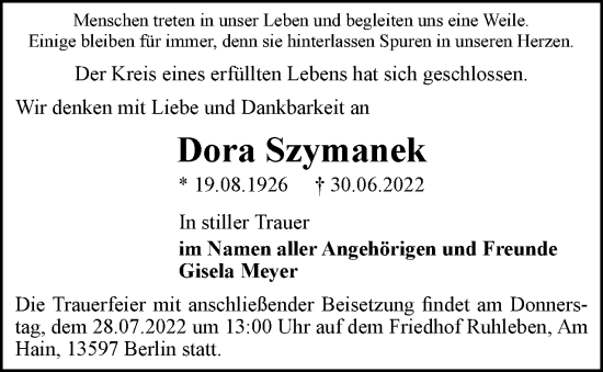 Traueranzeige von Dora Szymanek von Berliner Woche / Spandauer Volksblatt