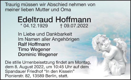 Traueranzeige von Edeltraud Hoffmann von Berliner Woche / Spandauer Volksblatt