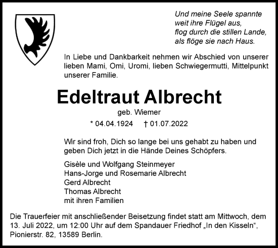 Traueranzeige von Edeltraut Albrecht von Berliner Woche / Spandauer Volksblatt