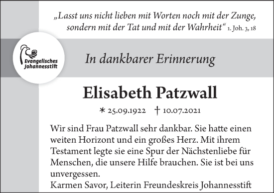Traueranzeige von Elisabeth Patzwall von Berliner Morgenpost