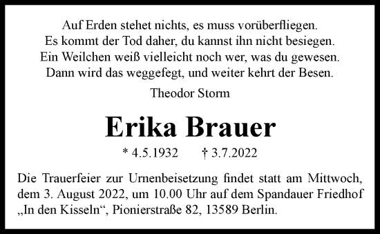 Traueranzeige von Erika Brauer von Berliner Woche / Spandauer Volksblatt