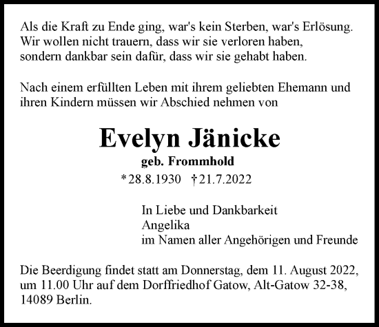 Traueranzeige von Evelyn Jänicke von Berliner Woche / Spandauer Volksblatt