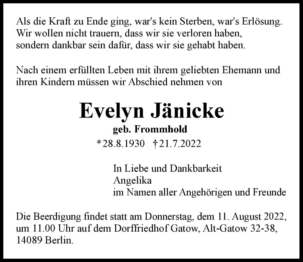 Traueranzeige für Evelyn Jänicke vom 30.07.2022 aus Berliner Woche / Spandauer Volksblatt
