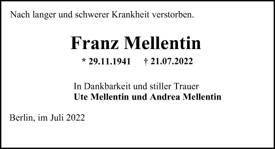 Traueranzeige von Franz Mellentin von Berliner Morgenpost