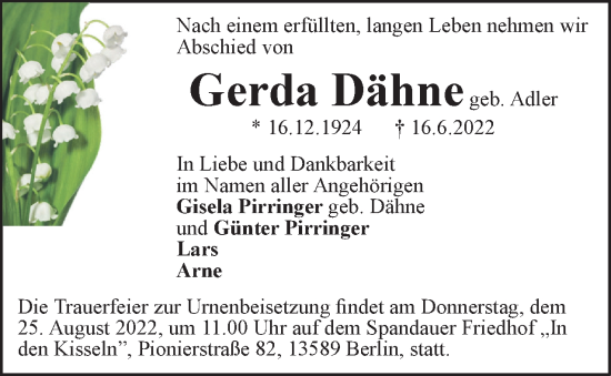 Traueranzeige von Gerda Dähne von Berliner Woche / Spandauer Volksblatt