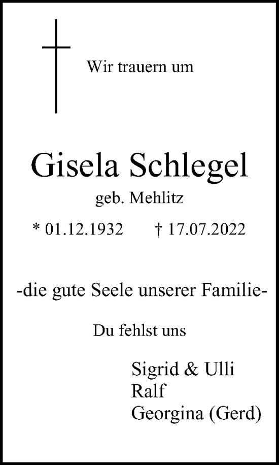Traueranzeige von Gisela Schlegel von Berliner Morgenpost
