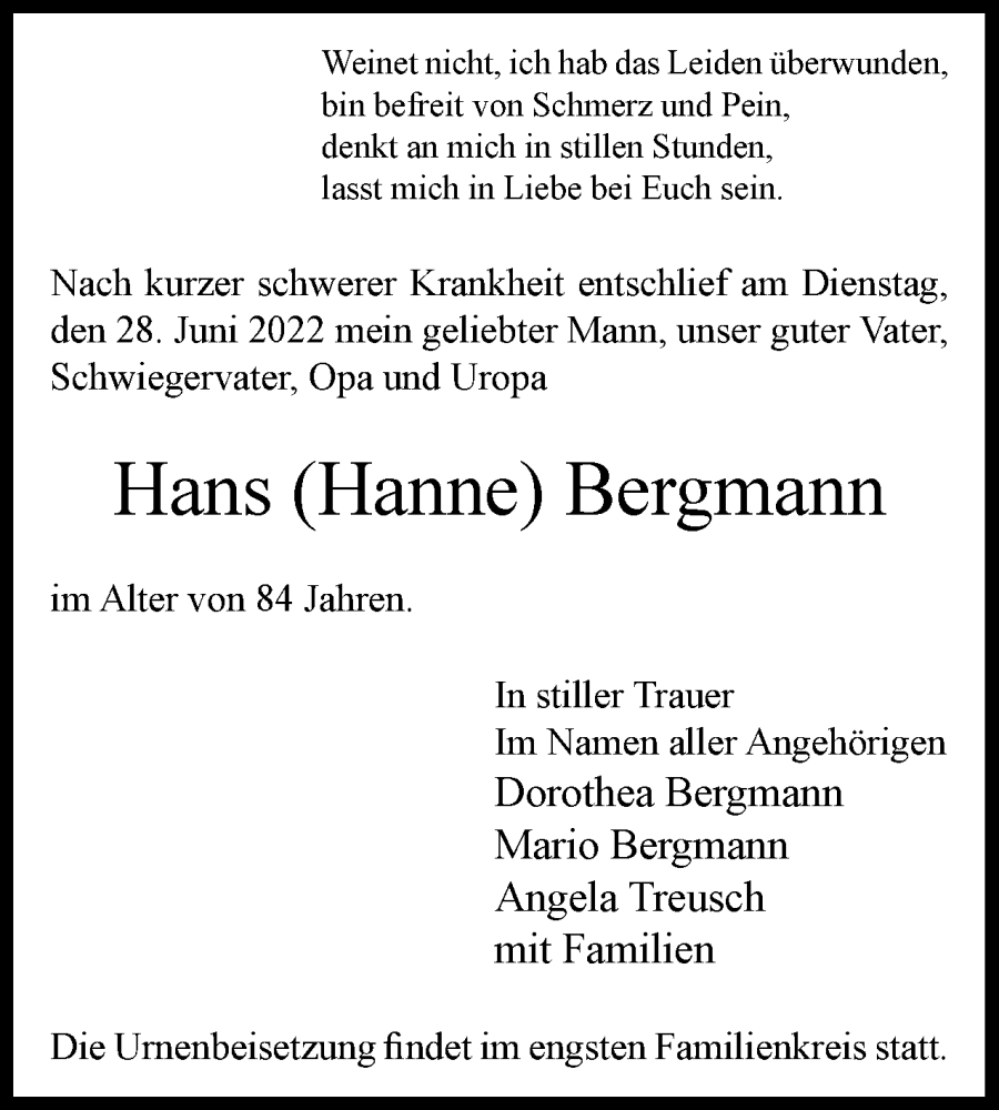  Traueranzeige für Hans Bergmann vom 09.07.2022 aus Berliner Woche / Spandauer Volksblatt