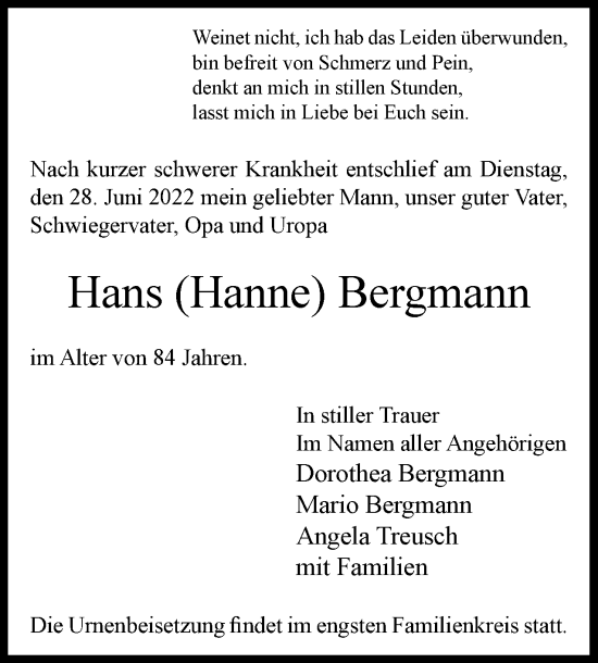 Traueranzeige von Hans Bergmann von Berliner Woche / Spandauer Volksblatt