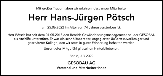 Traueranzeige von Hans-Jürgen Pötsch von Berliner Morgenpost