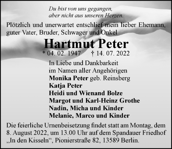 Traueranzeige von Hartmut Peter von Berliner Woche / Spandauer Volksblatt