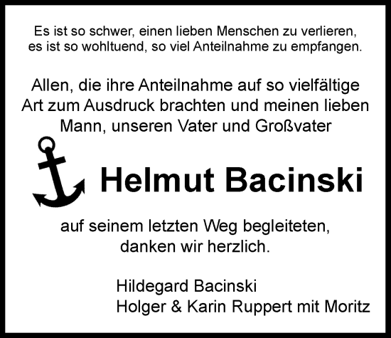 Traueranzeige von Helmut Bacinski von Berliner Woche / Spandauer Volksblatt