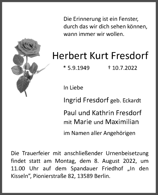 Traueranzeige von Herbert Kurt Fresdorf von Berliner Woche / Spandauer Volksblatt