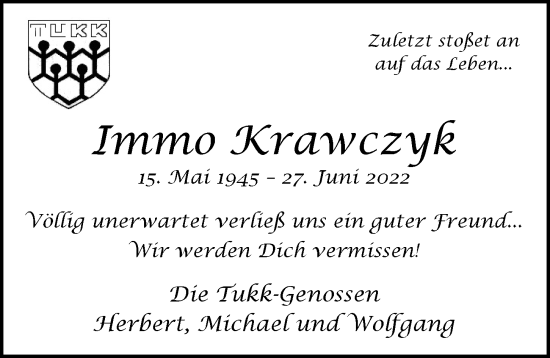 Traueranzeige von Immo Krawczyk von Berliner Morgenpost