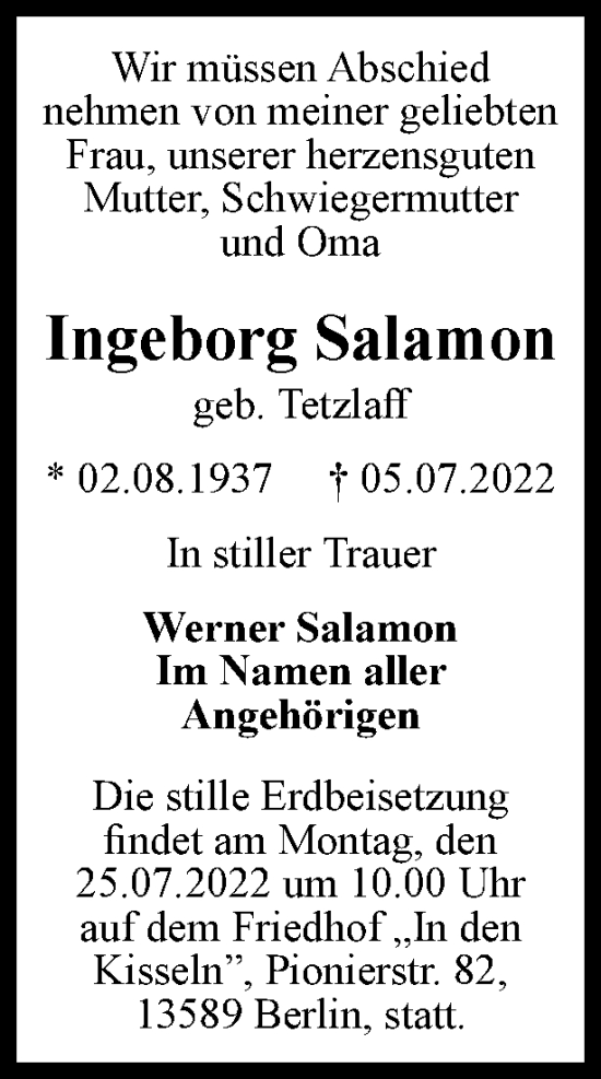 Traueranzeige von Ingeborg Salamon von Berliner Woche / Spandauer Volksblatt