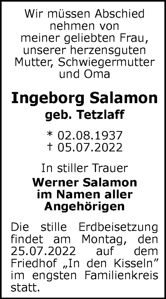 Traueranzeige von Ingeborg Salamon von Berliner Woche / Spandauer Volksblatt