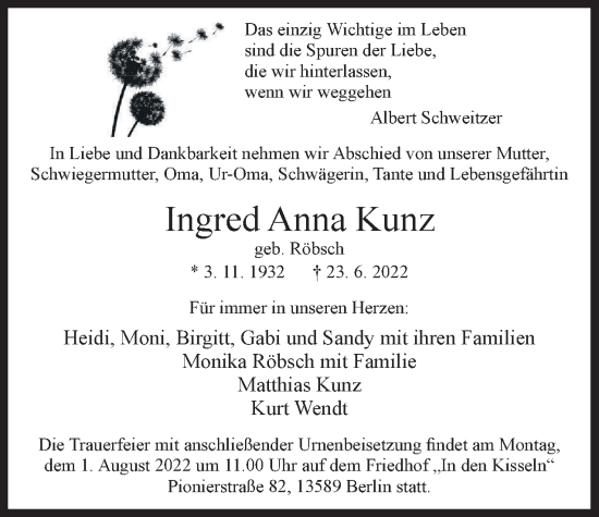 Traueranzeige von Ingred Anna Kunz von Berliner Woche / Spandauer Volksblatt