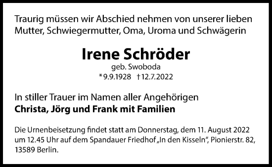 Traueranzeige von Irene Schröder von Berliner Woche / Spandauer Volksblatt