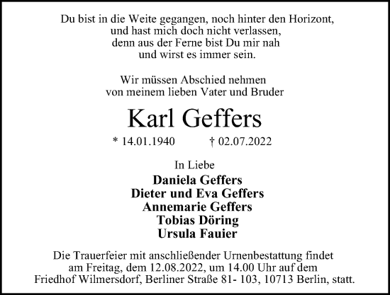 Traueranzeige von Karl Geffers von Berliner Morgenpost