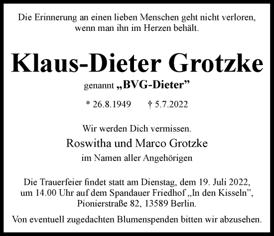 Traueranzeige von Klaus-Dieter Grotzke von Berliner Woche / Spandauer Volksblatt