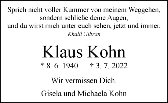 Traueranzeige von Klaus Kohn von Berliner Woche / Spandauer Volksblatt