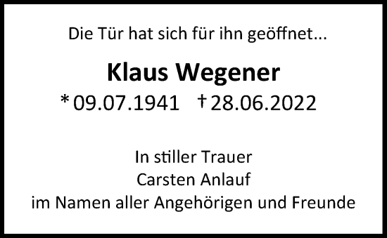 Traueranzeige von Klaus Wegener von Berliner Woche / Spandauer Volksblatt