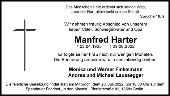 Traueranzeige von Manfred Harter von Berliner Woche / Spandauer Volksblatt