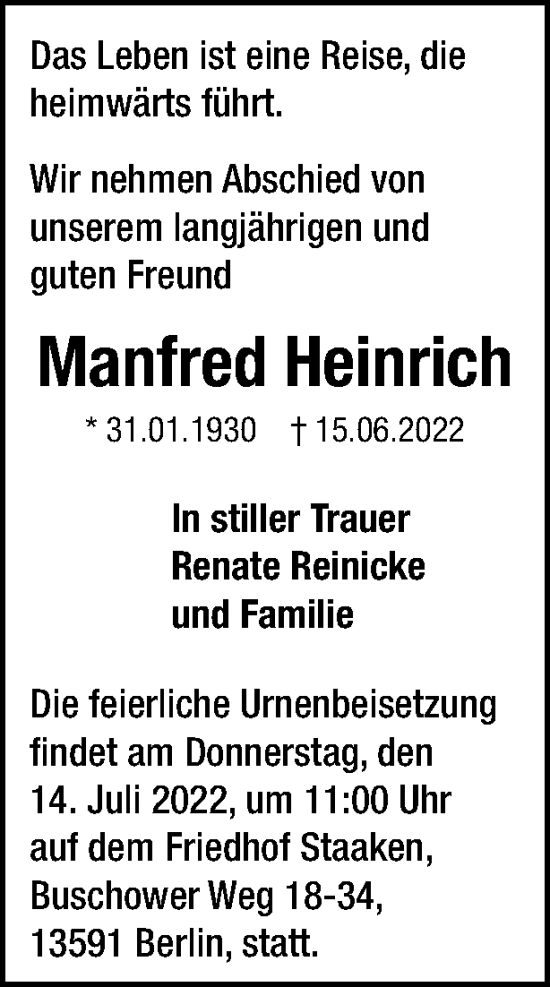 Traueranzeige von Manfred Heinrich von Berliner Woche / Spandauer Volksblatt