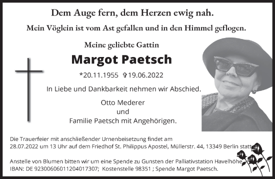 Traueranzeige von Margot Paetsch von Berliner Morgenpost