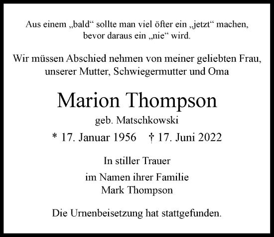 Traueranzeige von Marion Thompson von Berliner Woche / Spandauer Volksblatt