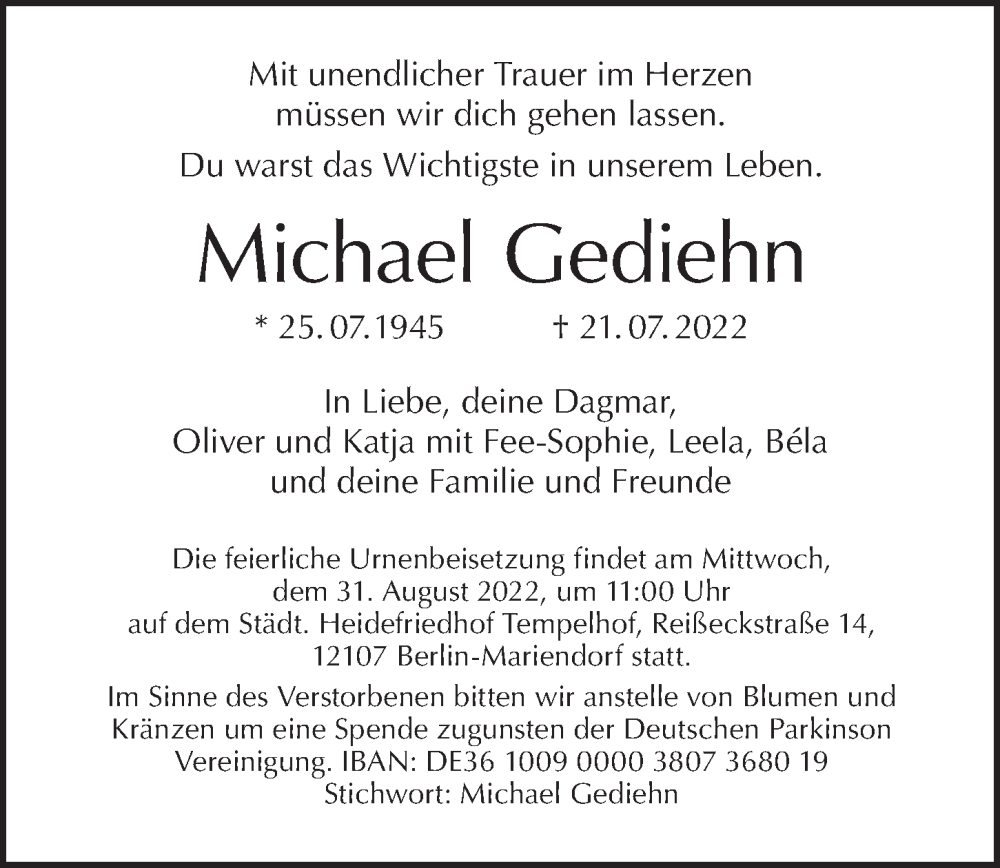  Traueranzeige für Michael Gediehn vom 31.07.2022 aus Berliner Morgenpost