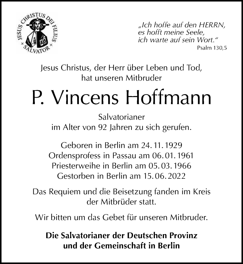  Traueranzeige für P. Vincens Hoffmann vom 03.07.2022 aus Berliner Morgenpost