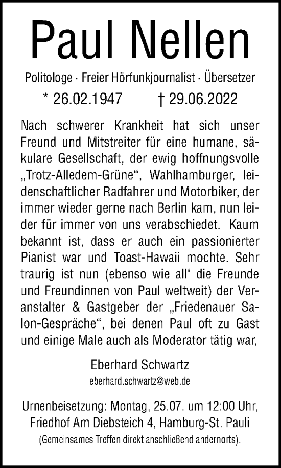 Traueranzeige von Paul Nellen von Berliner Morgenpost