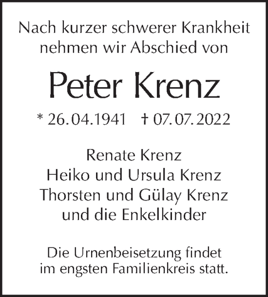 Traueranzeige von Peter Krenz von Berliner Morgenpost