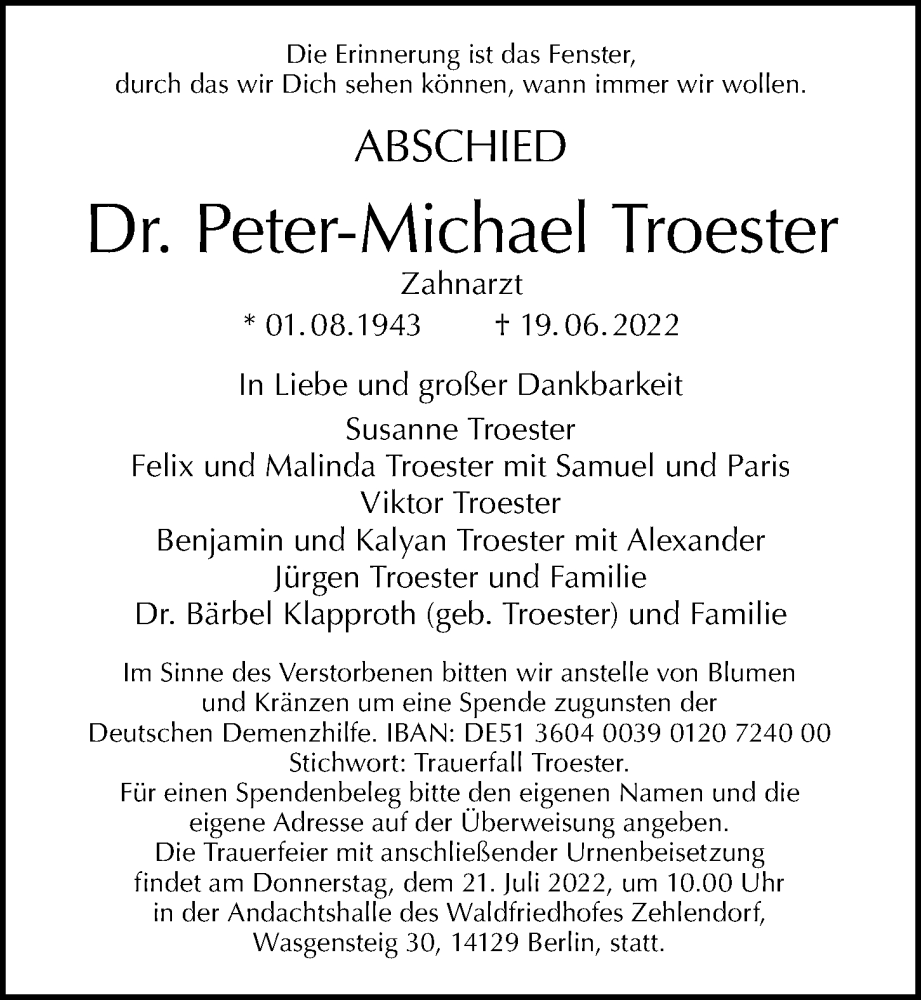 Traueranzeige für Peter-Michael Troester vom 03.07.2022 aus Berliner Morgenpost