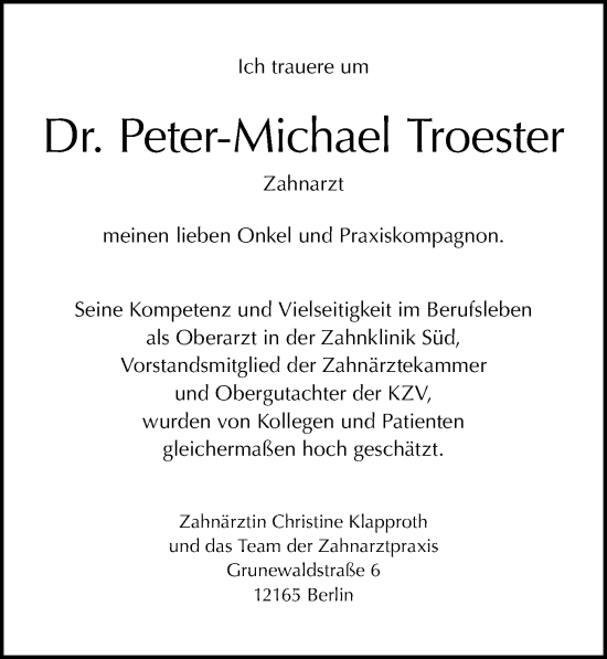 Traueranzeige von Peter-Michael Troester von Berliner Morgenpost