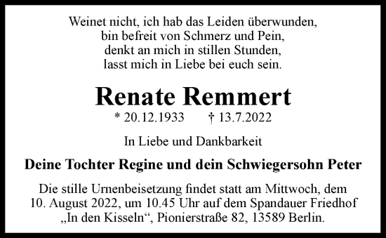 Traueranzeige von Renate Remmert von Berliner Woche / Spandauer Volksblatt