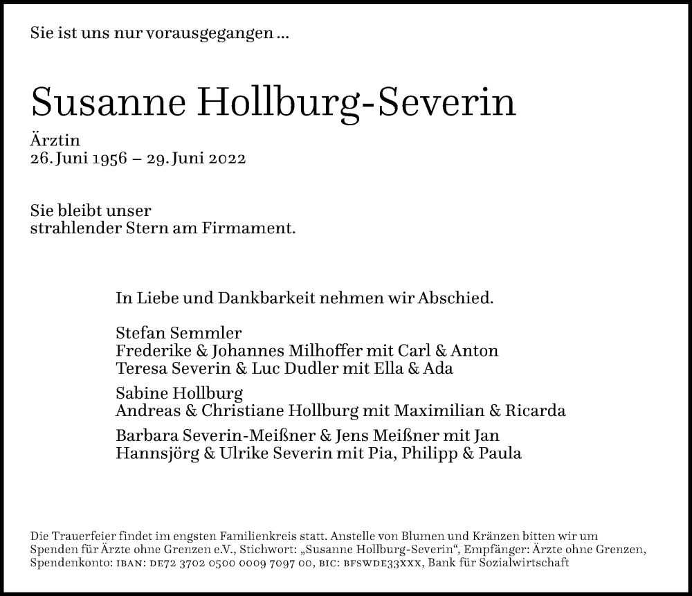  Traueranzeige für Susanne Hollburg-Severin vom 17.07.2022 aus Berliner Morgenpost