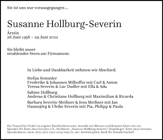 Traueranzeige von Susanne Hollburg-Severin von Berliner Morgenpost