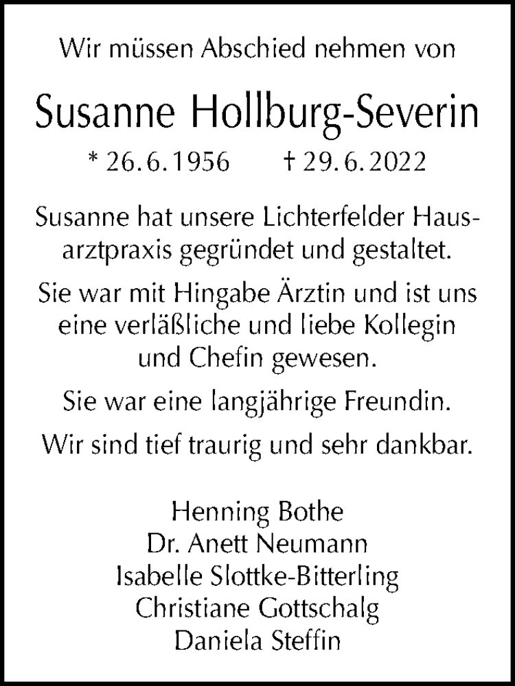  Traueranzeige für Susanne Hollburg-Severin vom 17.07.2022 aus Berliner Morgenpost