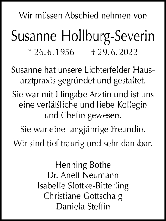 Traueranzeige von Susanne Hollburg-Severin von Berliner Morgenpost