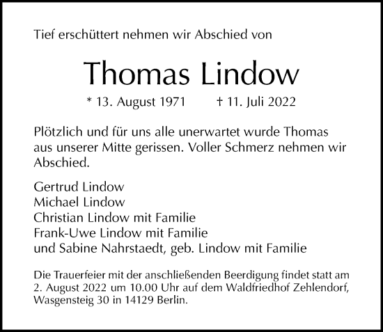 Traueranzeige von Thomas Lindow von Berliner Morgenpost