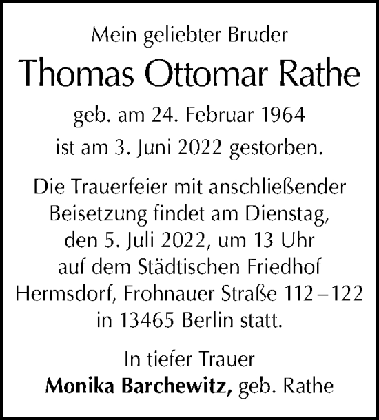 Traueranzeige von Thomas Ottomar Rathe von Berliner Morgenpost