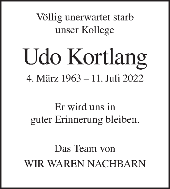 Traueranzeige von Udo Kortlang von Berliner Morgenpost