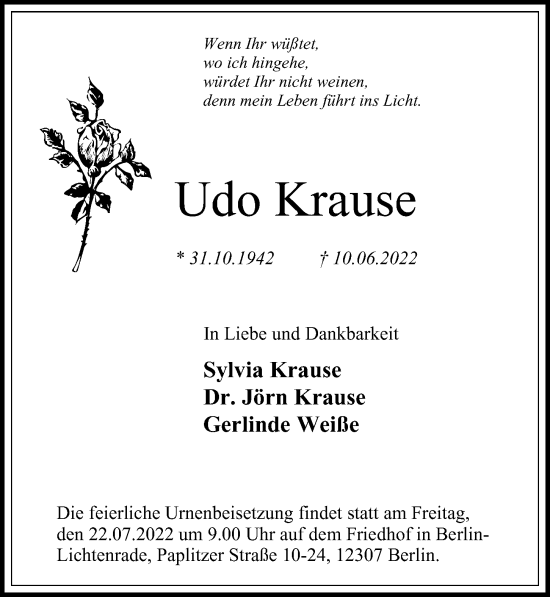 Traueranzeige von Udo Krause von Berliner Morgenpost