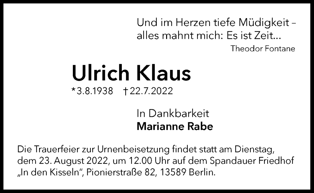  Traueranzeige für Ulrich Klaus vom 30.07.2022 aus Berliner Woche / Spandauer Volksblatt