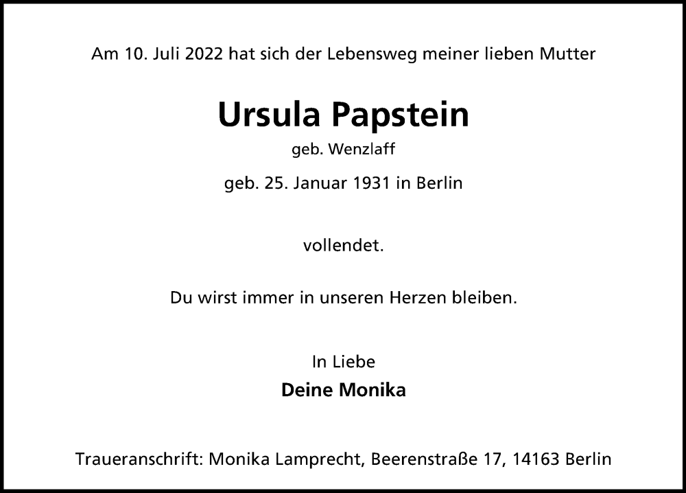  Traueranzeige für Ursula Papstein vom 31.07.2022 aus Berliner Morgenpost