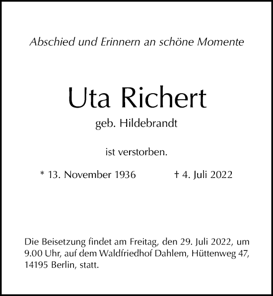 Traueranzeige von Uta Richert von Berliner Morgenpost