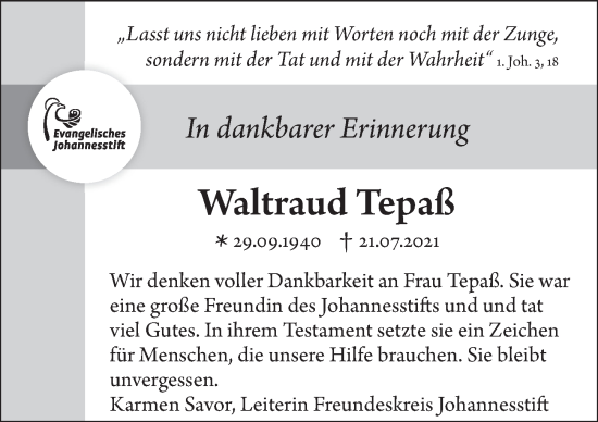 Traueranzeige von Waltraud Tepaß von Berliner Morgenpost